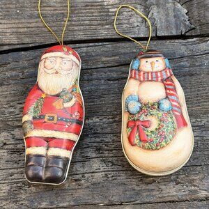 Vintage Set of 2 RUSS BERRIE & Co Christmas Candy Tin Ornament Snowman and Santa